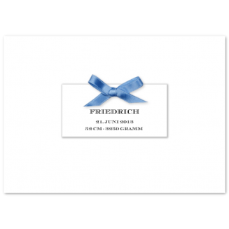 Geburtsanzeigen als Klappkarten mit blauer Schleife